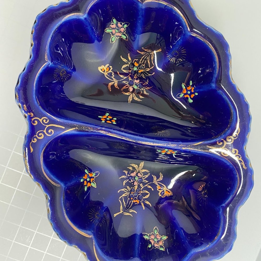 Vintage Cobalt Divided Dish Hand Painted Moriage Flowers Gold Gilt Japan